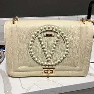 Valentino Ivory Pebbled Leather Shoulder Bag with Studded V